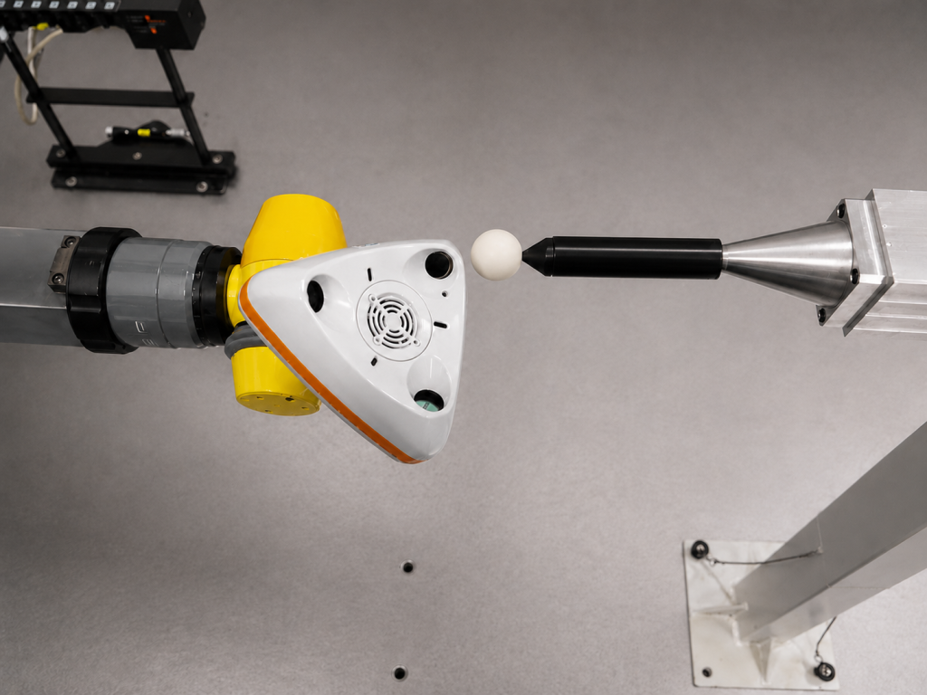 Dreifach-Laserscanner an einem Koordinatenmessgerät bei der Messung einer Referenzkugel
