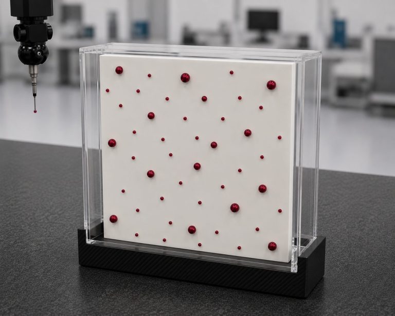 Prüfkörper für die Medizintechnik in transparentem Plexiglasgehäuse zur täglichen Überwachung und Qualitätssicherung von CT-Messsystemen