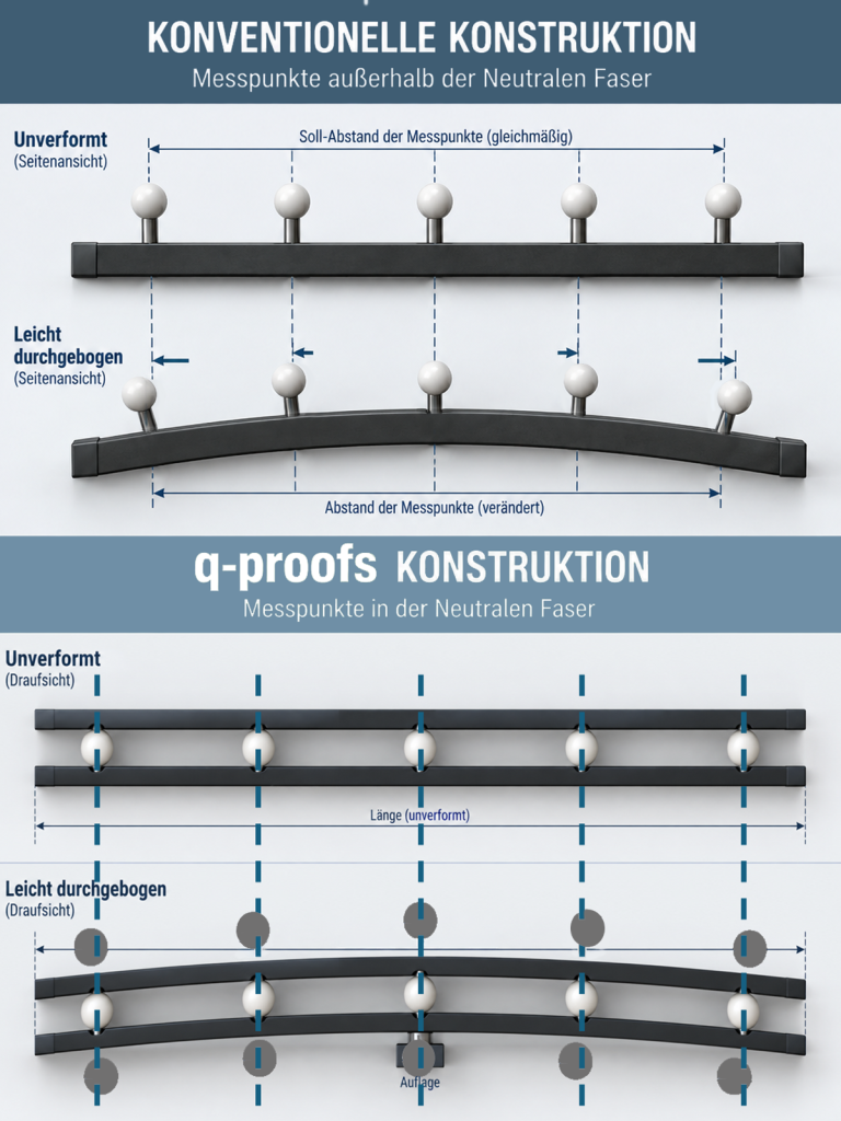 Infografik zur Neutralfaser bei Prüfkörpern und zur Lage der Referenzpunkte bei thermischer Ausdehnung