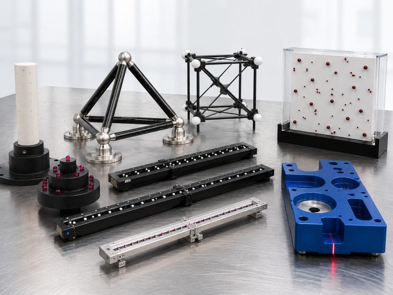 Verschiedene QOPAS Prüfkörper für die Koordinatenmesstechnik, darunter 3D-Prüfkörper, Kugelleisten, Kugelstäbe sowie Prüfkörper für Lasertechnik und Medizintechnik