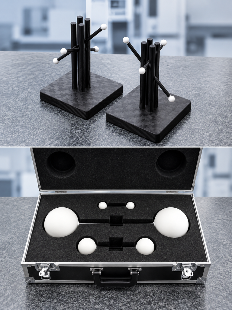 Qopas q-proofs Dumbell bars, Prüfkörper mit zwei Referenzkugrln, die mit einem Kohlefaserstab verbunden sind.
