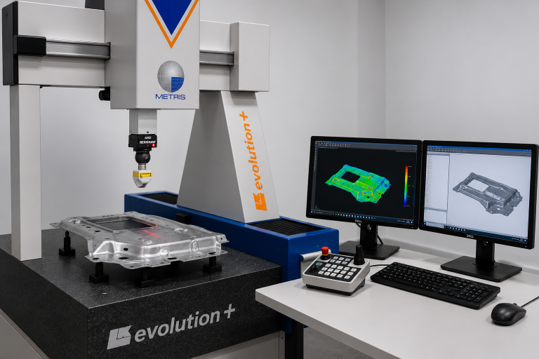 Bauteilmessung mit Laserscan-Technik auf einem Koordinatenmessgerät mit Darstellung von Punktewolke und Messergebnissen auf den Monitoren