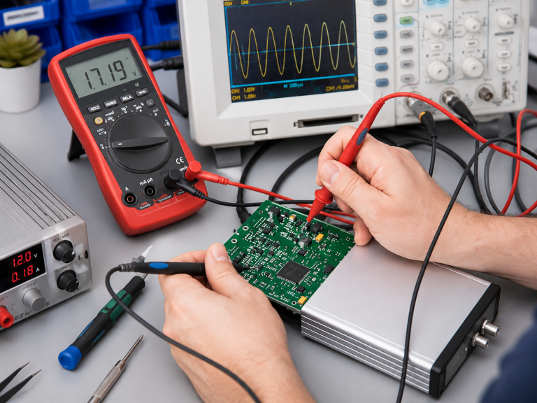 Elektrische Reparatur mit Prüfung einer Platine mittels Messgerät und Oszilloskop