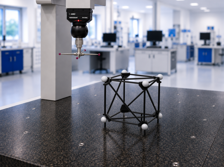 Qopas q-proofs - 3D-Prüfkörper in Form eine Kugelquaders auf einem KMG.