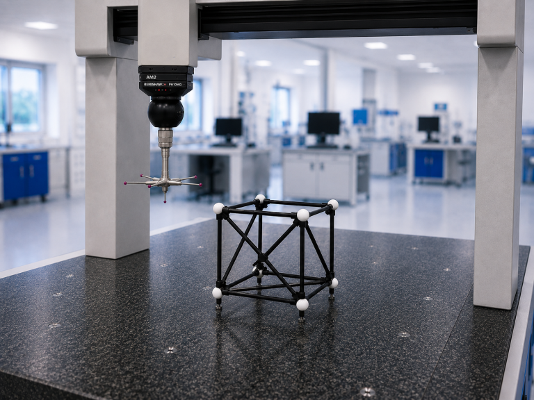 Qopas q-proofs - §D-Prüfkörper in Form eine Würfels auf einem KMG.