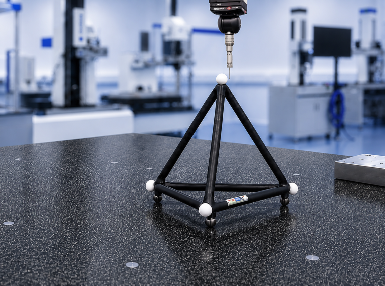 Qopas q-proofs 3D Prüfkörper Tetraeder auf einem Koordinatenmessgerät.