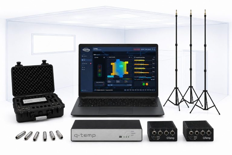Q-Temp Mobil Systemkomponenten mit Laptop, Stativen, Sensoren, Kabeln, Extendern und Q-Temp Box vor einem Prüfraum