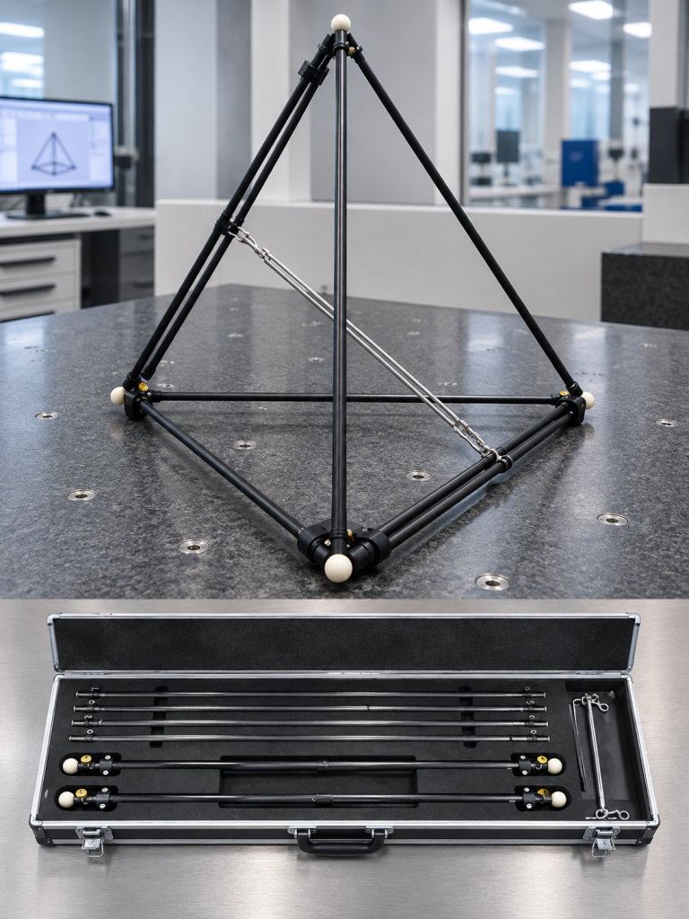 q-proofs - zerlegbarer Prüfkörper in Form eines Tetraeders von Qopas mit dem Transportkoffer